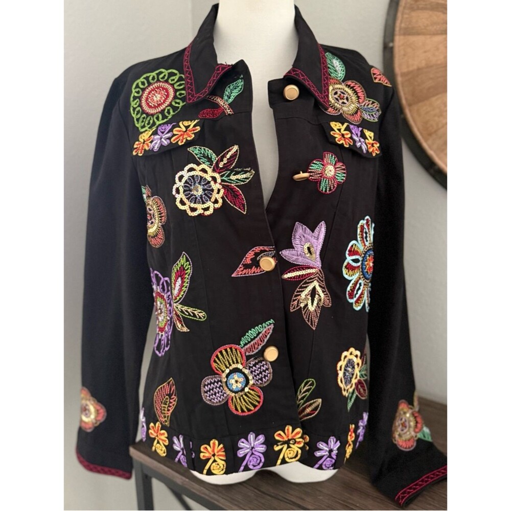 Berek The Collective Works Vintage Embroidered Sequin Floral Jacket Black L